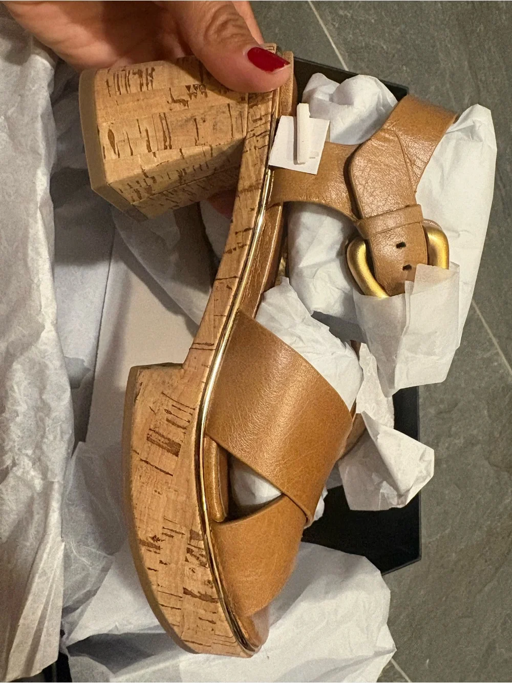 AEROSOLES Tan Platform Cork-Heel Sandal with Gold Trim